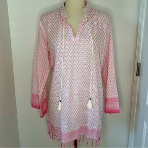 Madison Mathews Women's White and Pink Tunic with Tassels Size Medium